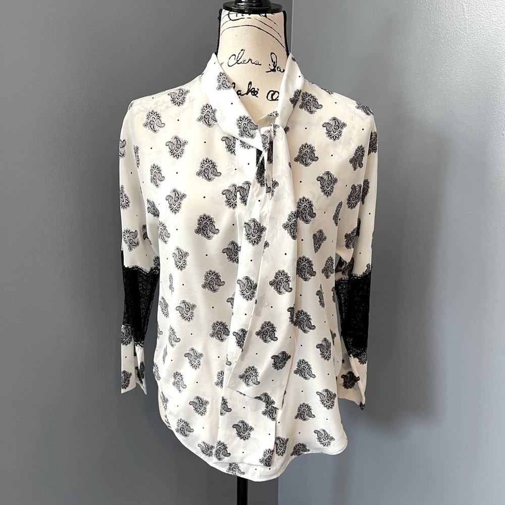 Sandro Paris Lace Paneled Paisley Print silk top. Size S